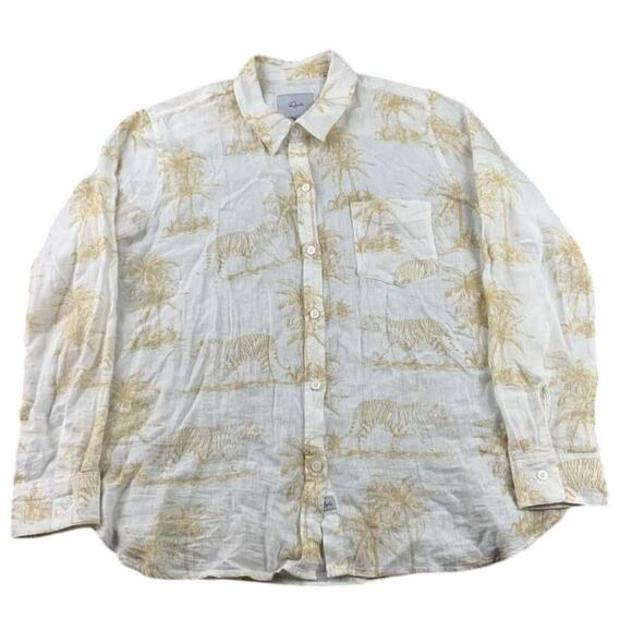 Rails Button Down Shirt Women L White Linen Bengal Tiger Palm Tree Long Sleeve - Picture 1 of 10